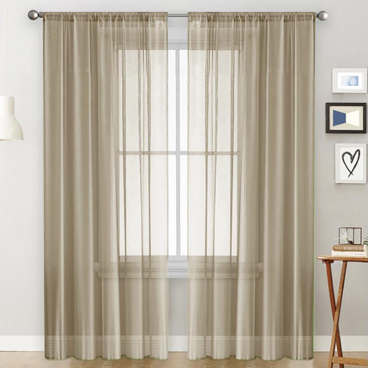 Beige sheer voile curtain panel with rod pocket top for light filtering