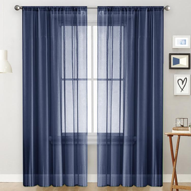 Navy sheer voile curtain panel with rod pocket, light-filtering window-grid pattern