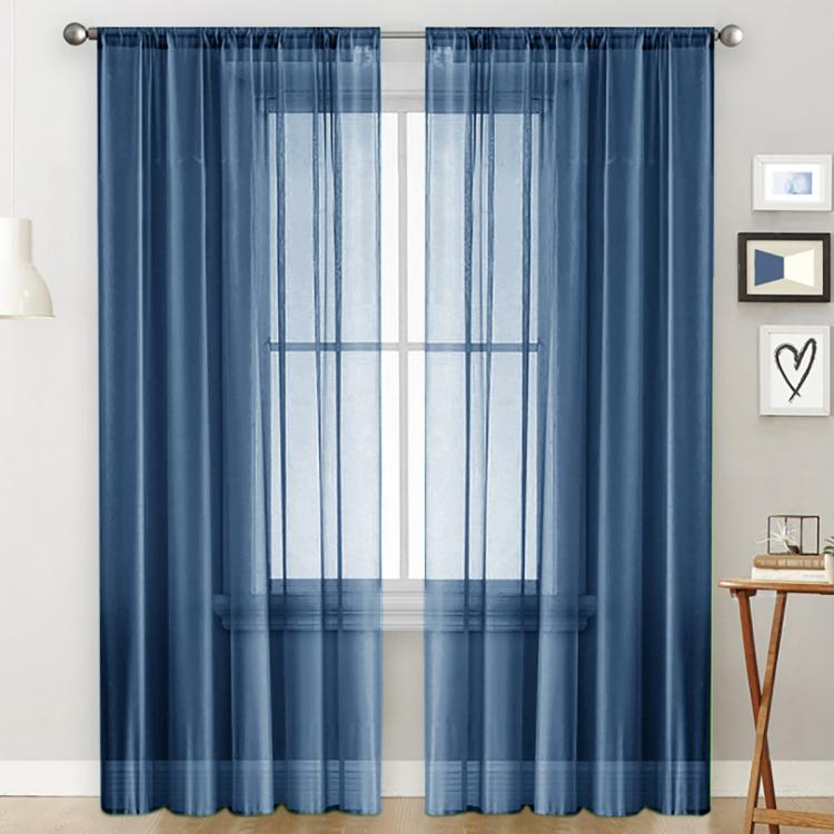 Dark blue sheer voile curtain panel with rod pocket, light-filtering window-grid pattern