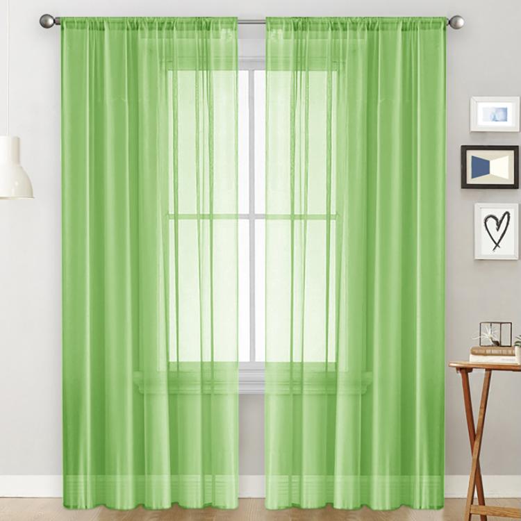 Green sheer voile curtain panel with rod pocket, light-filtering window-grid pattern