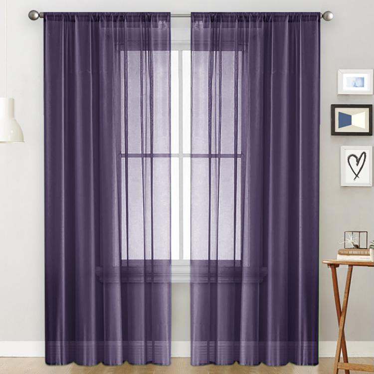 Single sheer light-filtering rod pocket curtain, deep purple with vertical grid weave