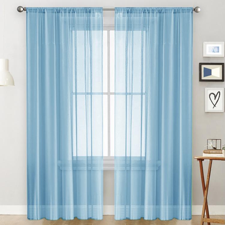 Single sheer rod-pocket voile window curtain, light blue, with lightly striped panel look.