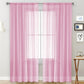 Single sheer light-filtering window curtain in pink with rod pocket header and grid panels