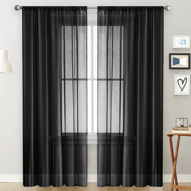 Single sheer light-filtering window curtain in black with rod pocket header and grid panels