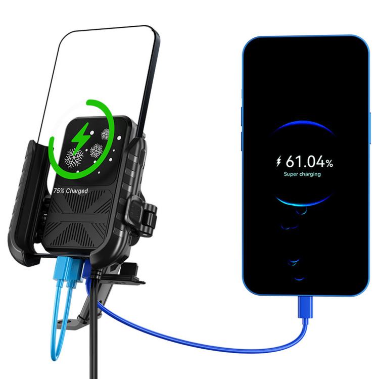 Motorcycle mirror-base phone holder with cooling fan and charging cable connections