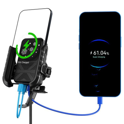 Motorcycle mirror-base phone holder with cooling fan and charging cable connections