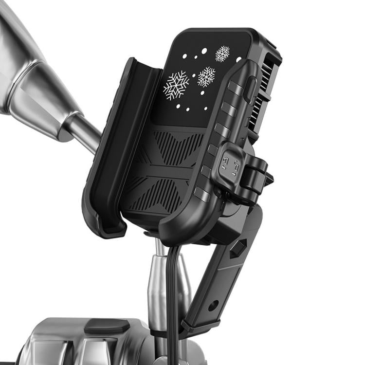 Motorcycle phone holder clamp with cooling fan and vented heat-dissipation panel