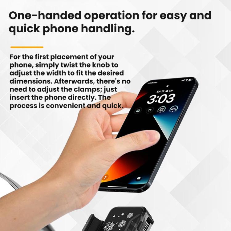Motorcycle phone holder with mirror base; black clamp grips a smartphone securely