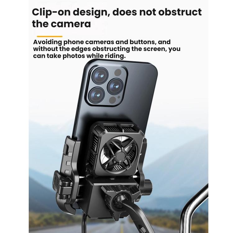 Motorcycle mirror base phone holder with clamp and cooling fan grille, rear view