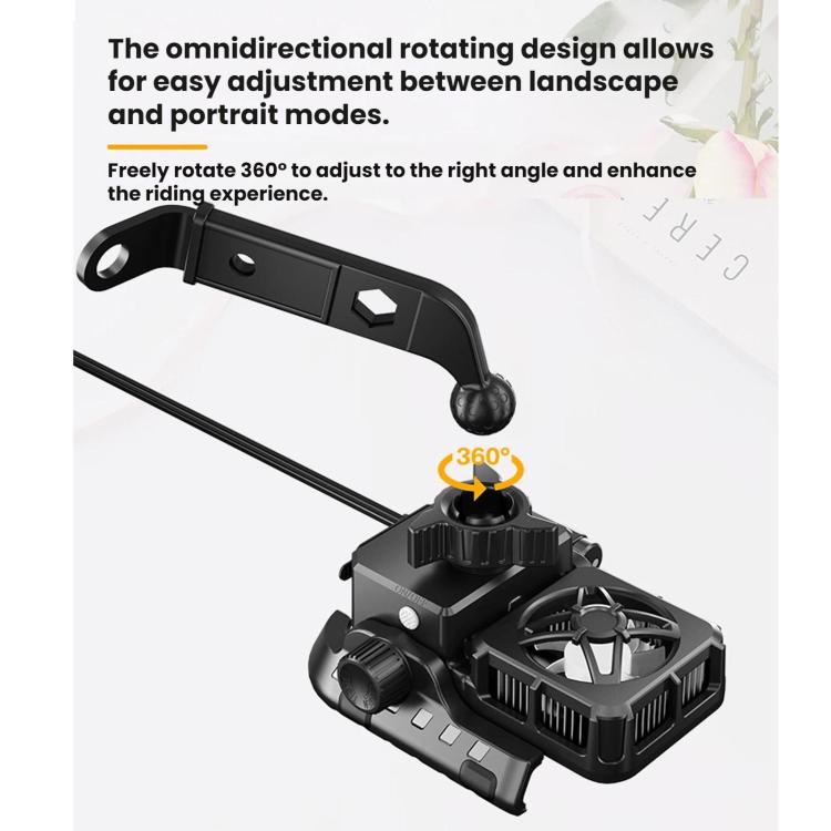 Motorcycle phone holder with 360° rotating arm and adjustable clamp for portrait/landscape