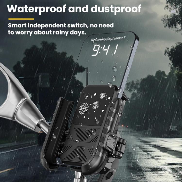 Motorcycle mirror base phone holder with water-resistant design and touchscreen-facing mount