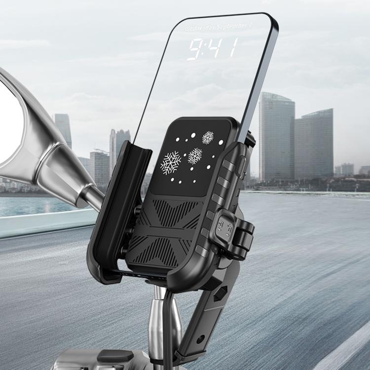 Motorcycle mirror base phone holder with fan cooling grille, smartphone mounted at angle