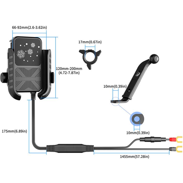 Motorcycle mirror-base phone holder with long gooseneck cable and connector tips