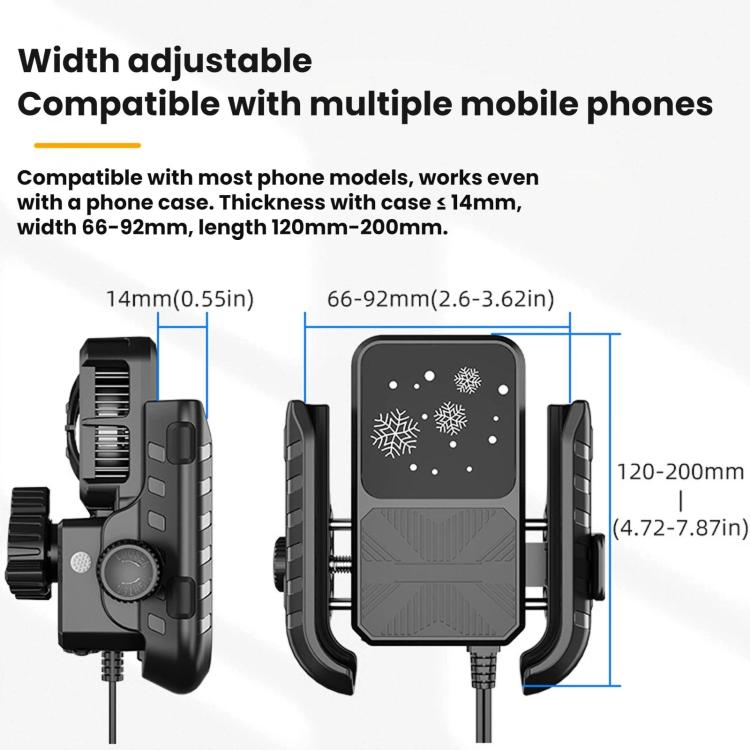 Adjustable motorcycle phone holder with side clamps for different phone widths