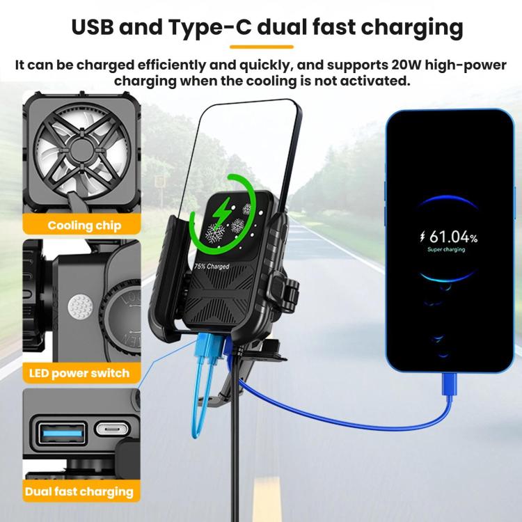 Motorcycle mirror-base phone holder with LED switch and dual USB Type-C charging ports