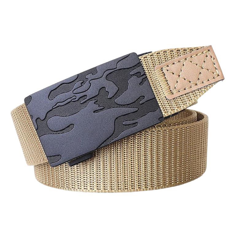 Men's nylon camo buckle belt with khaki strap and automatic buckle plate