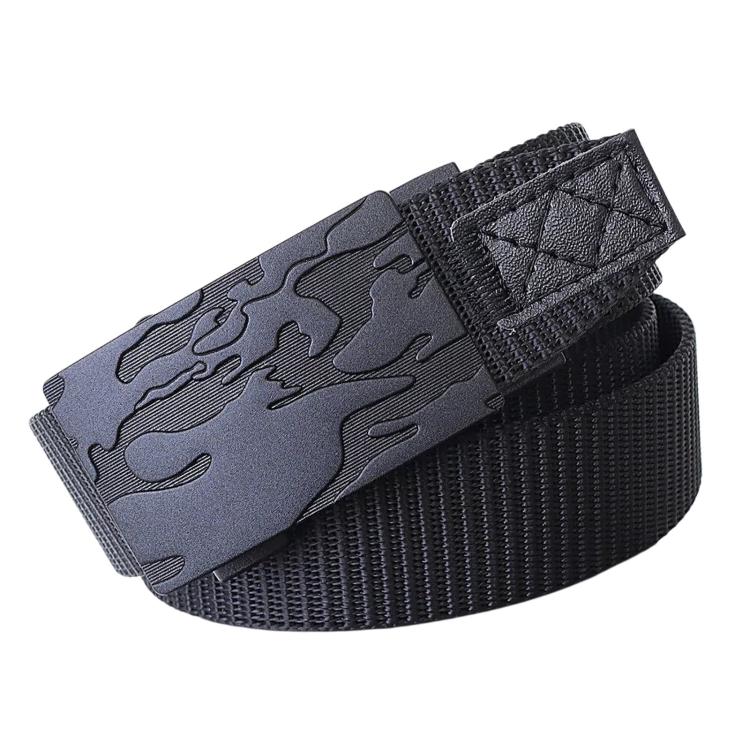 Men's camo nylon belt with black webbing and wide automatic buckle