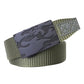 Men's tactical camo belt with olive-green strap and rectangular buckle
