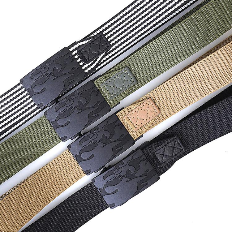 Set of men’s automatic buckle belts with camouflage strap in olive, beige, and black