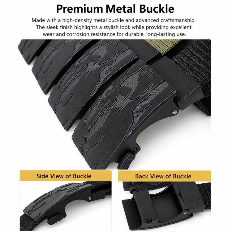 Automatic buckle belt with black metal-style buckle and textured camo strap body