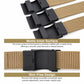 Men’s automatic buckle belt close-up with black buckle on tan and beige webbing