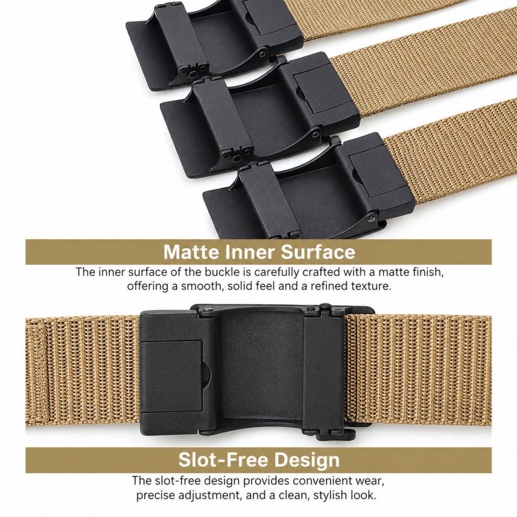 Men’s automatic buckle belt close-up with black buckle on tan and beige webbing