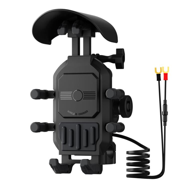 Black phone and camera mount with protective hood and spring connector wires