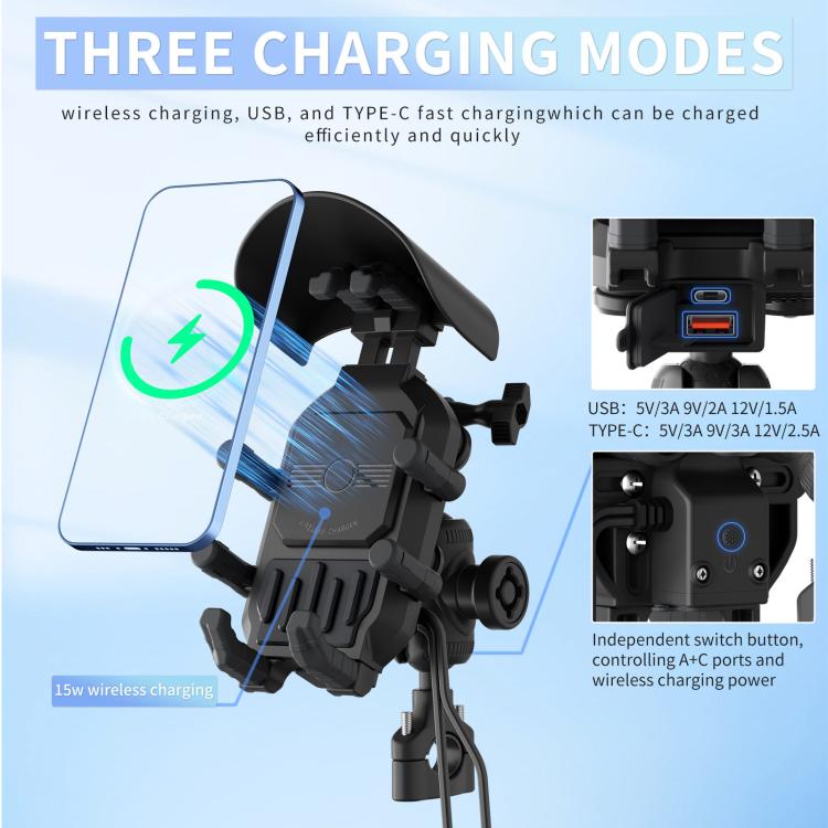 Black wireless charging phone holder with USB and Type-C ports on motorcycle mount