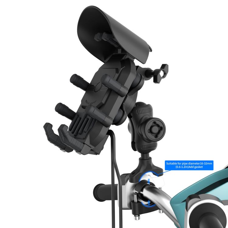Black shock-absorbing motorcycle phone holder with spring clamp and cradle