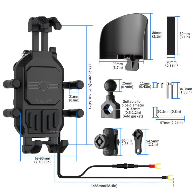 Shock-absorbing motorcycle phone holder with adjustable arms and mounted bracket details