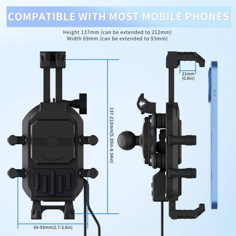 Black adjustable motorcycle phone mount with wide side clamp grips