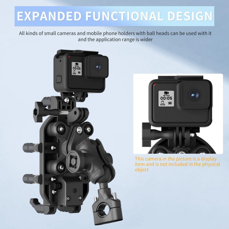 Motorcycle camera phone holder with central bracket and multiple support arms