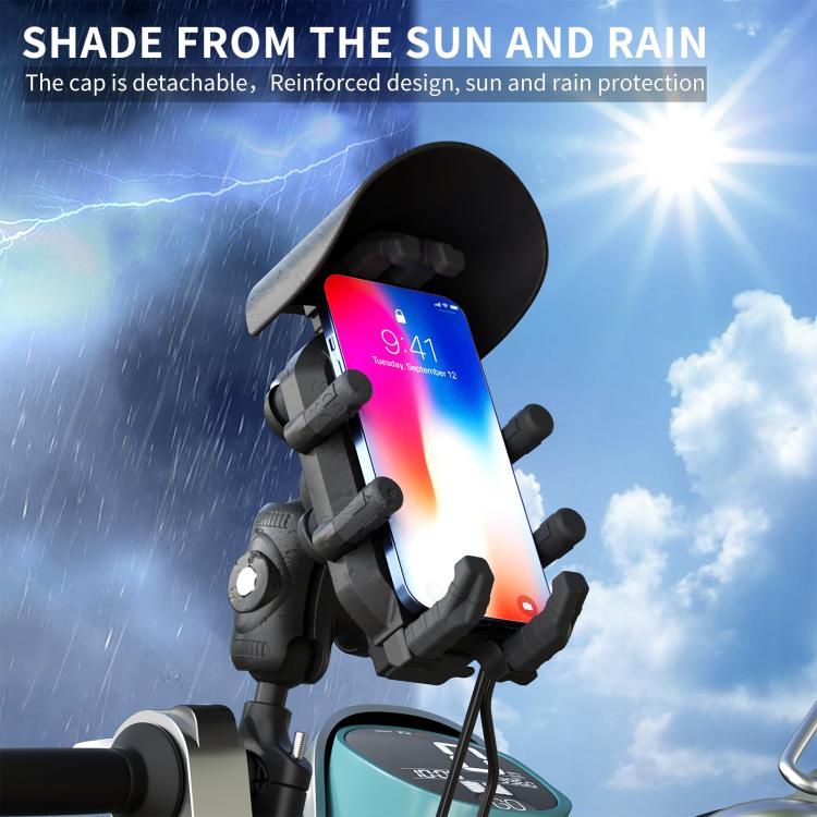 Motorcycle phone mount with protective top cover and shock-absorbing spring arms