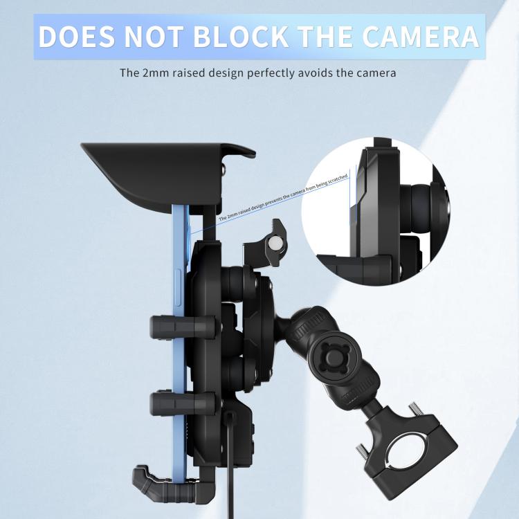 Motorcycle phone mount with raised bezel and open camera-facing access area