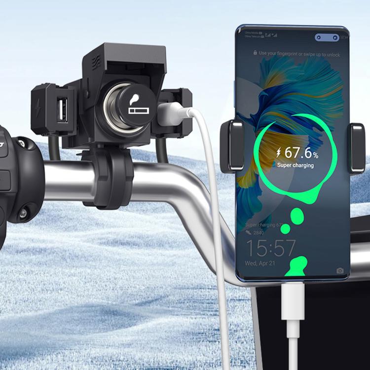Waterproof motorcycle USB phone charger mount, holding a smartphone with charging cable