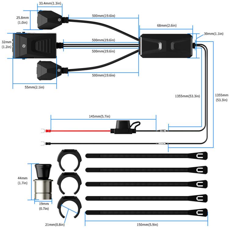 Motorcycle waterproof USB charger wiring kit with black connectors and red/gray battery cable