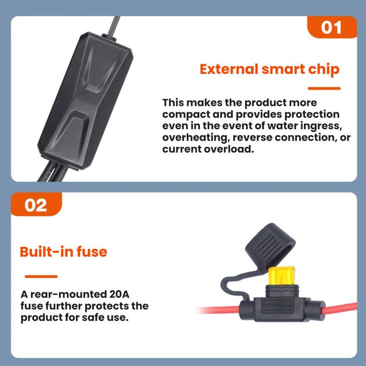 Black motorcycle USB charger with sealed smart chip housing and protected wiring connector