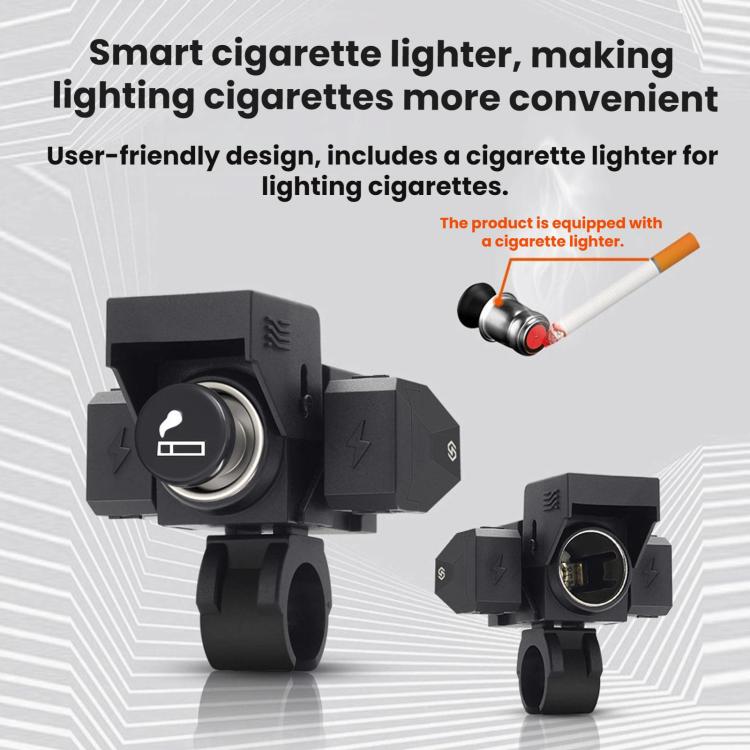Black motorcycle USB charger cradle with circular port and two side clamp mounts