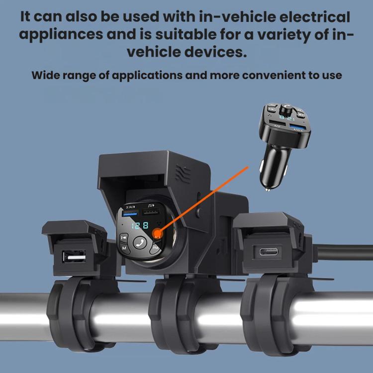 Black motorcycle USB charger with LED display and twin charging ports on handlebar clamps