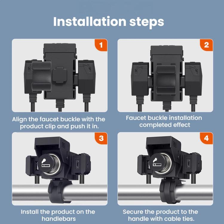 Motorcycle USB charger installation steps with clamp and wiring ports shown in sequence