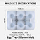 Light gray silicone egg tray mold with 6 egg-cup cavities, front view with measurements.