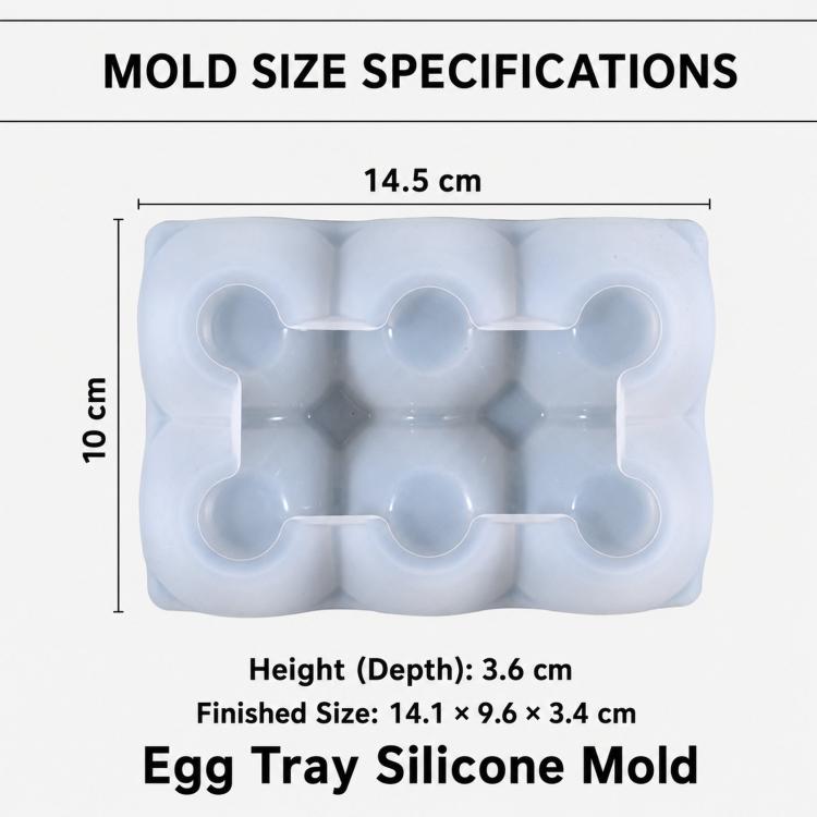 Light gray silicone egg tray mold with 6 egg-cup cavities, front view with measurements.