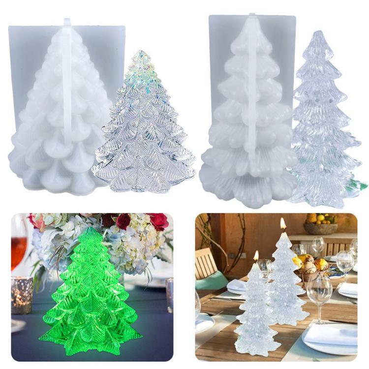 3D Christmas tree candle silicone molds, two sizes shown side by side