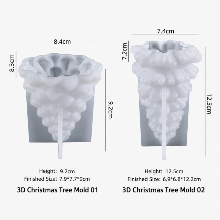 3D Christmas tree silicone mold, Mold 01 and Mold 02 with size measurements