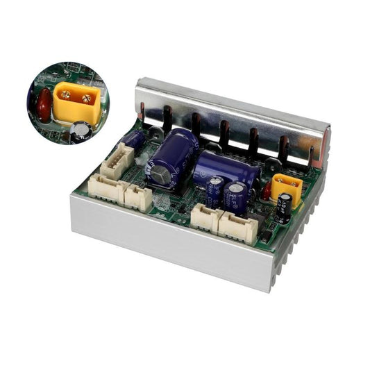 Electric scooter controller circuit board with blue capacitors and pin headers