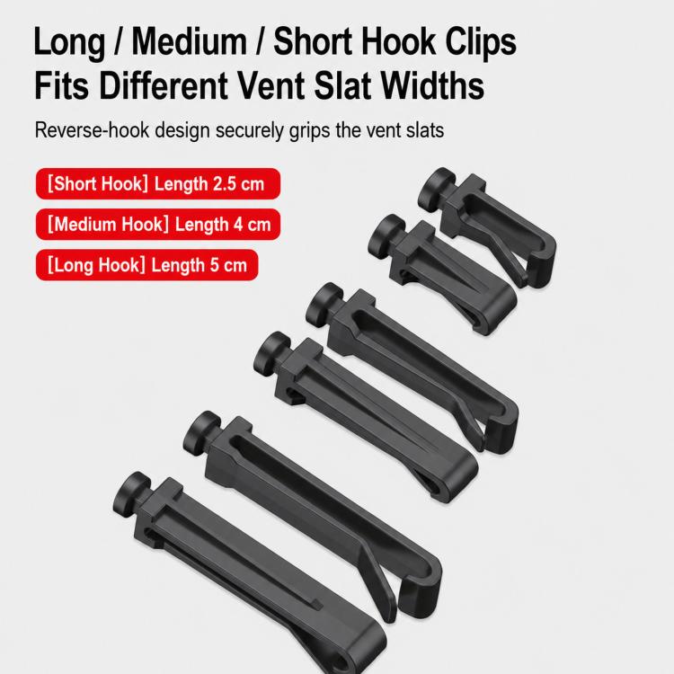 Car vent cup holder hook clips set: long, medium, and short, black