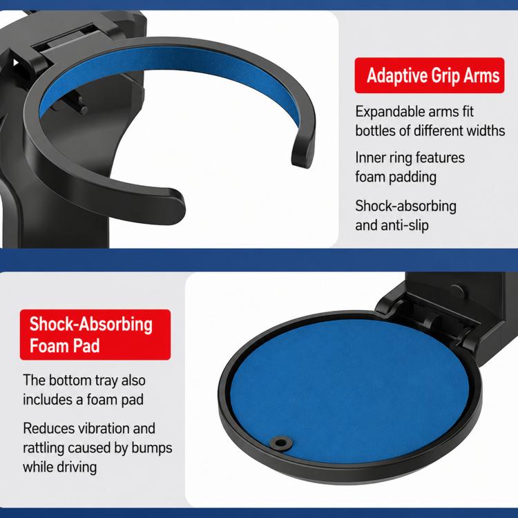 Car vent cup holder with expandable grip arms and blue anti-slip foam pad, black