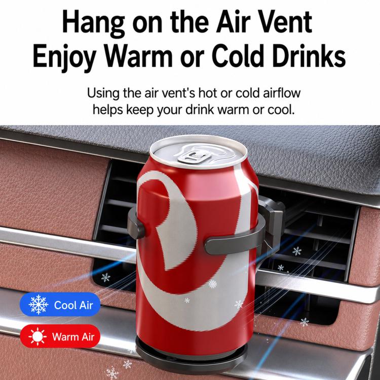 Car air vent cup holder bracket holding a drink can, dark gray
