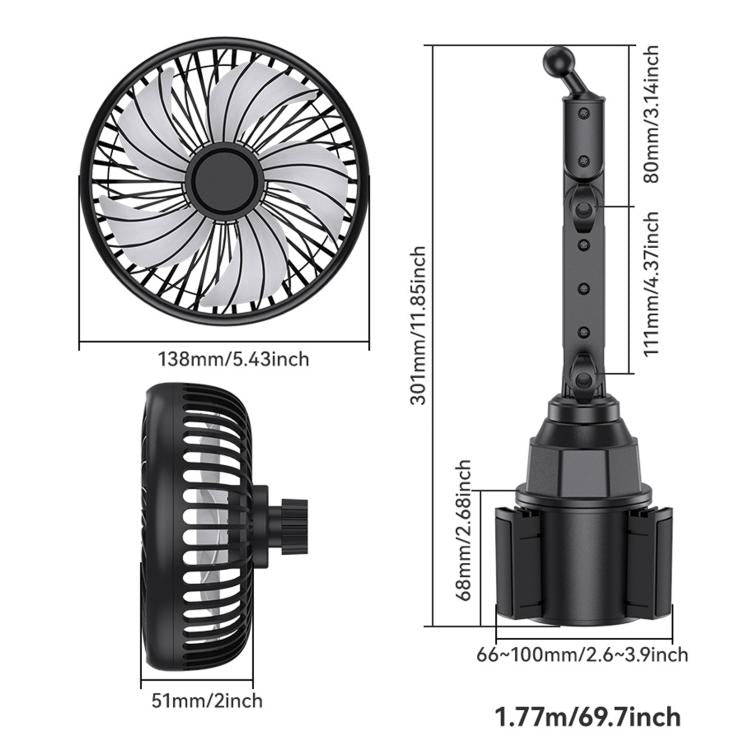 Car fan with adjustable robotic arm, showing fan size and base dimensions