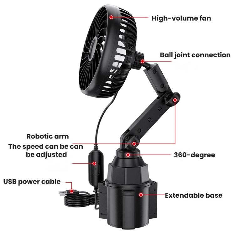 360-degree adjustable robotic arm car fan with extendable base and USB power cable
